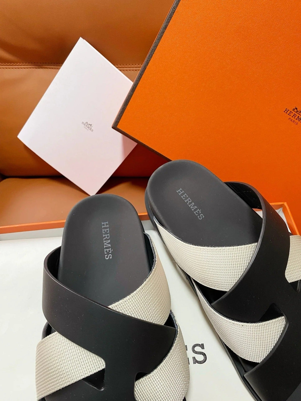 HM 2026 Cross Sandals Black White Canvas Calfskin 667286