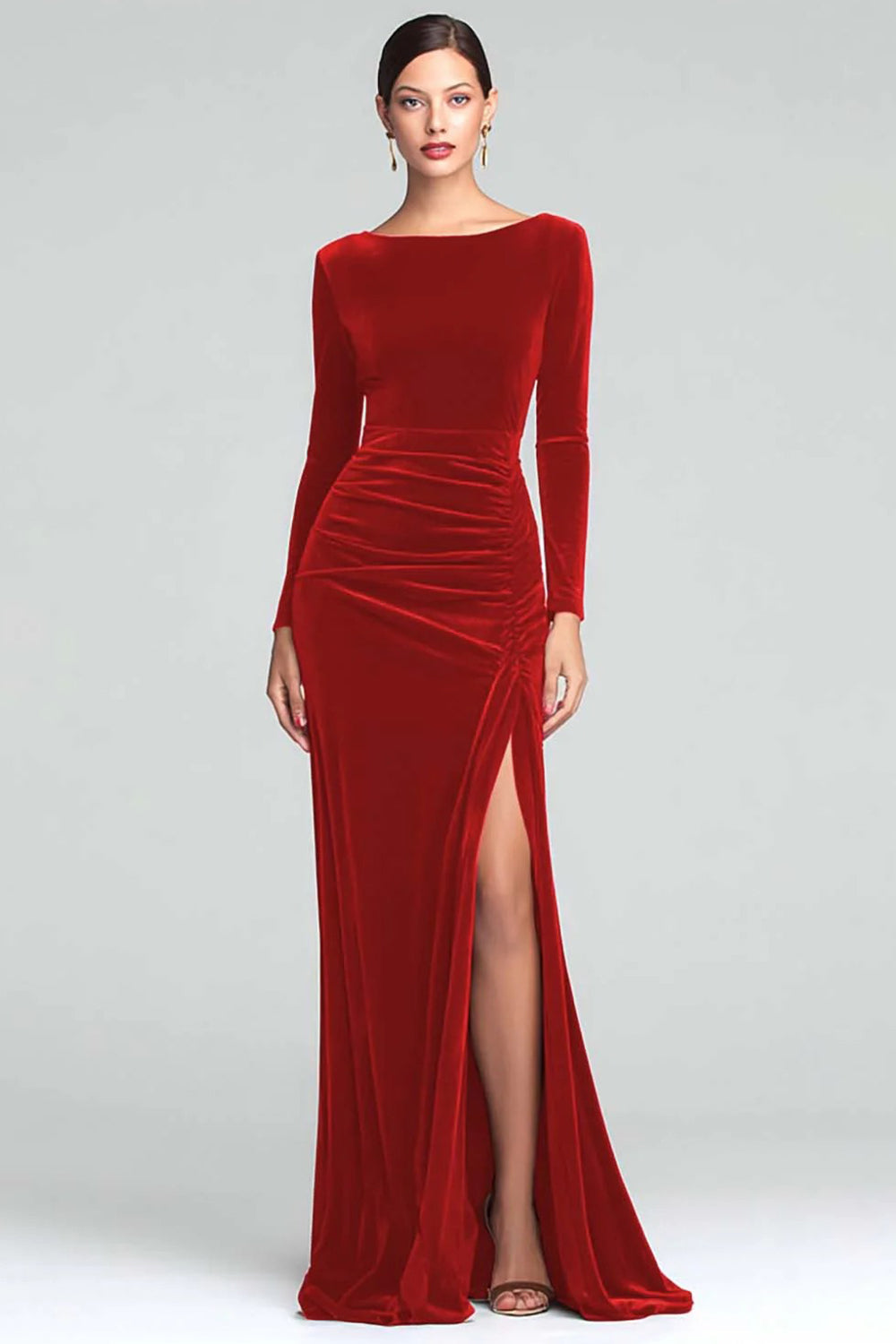 Burgundy Velvet Boat Neck Ruched Long Sleeves Holiday Party Dress