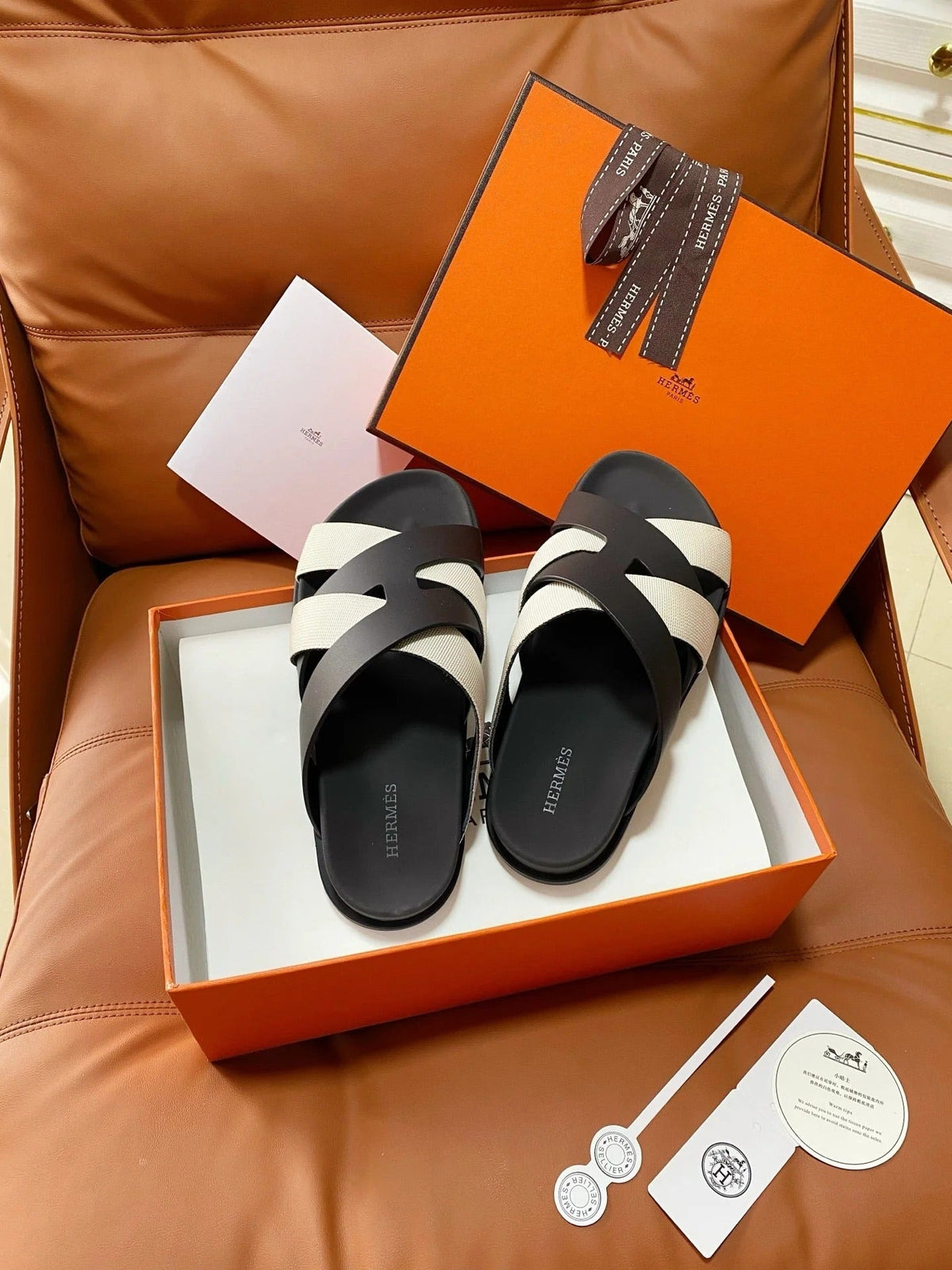 HM 2026 Cross Sandals Black White Canvas Calfskin 667286