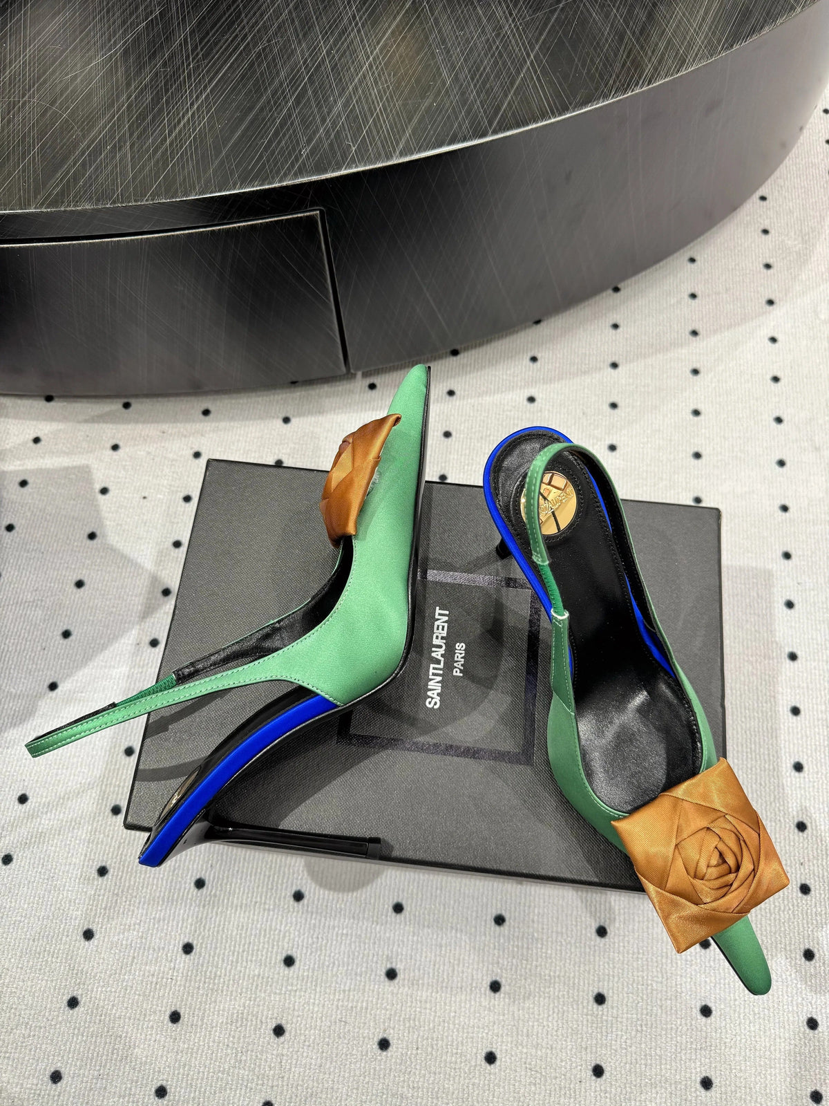 YSL 2026 Amalia Slingback Pump Green Blue Black Satin Leather 278511