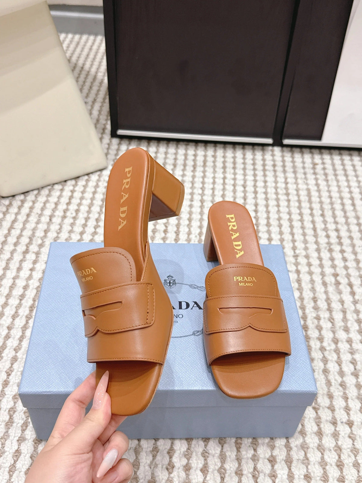 PRA 2026S High Heel Slippers 55 Tan Brown Leather 658337