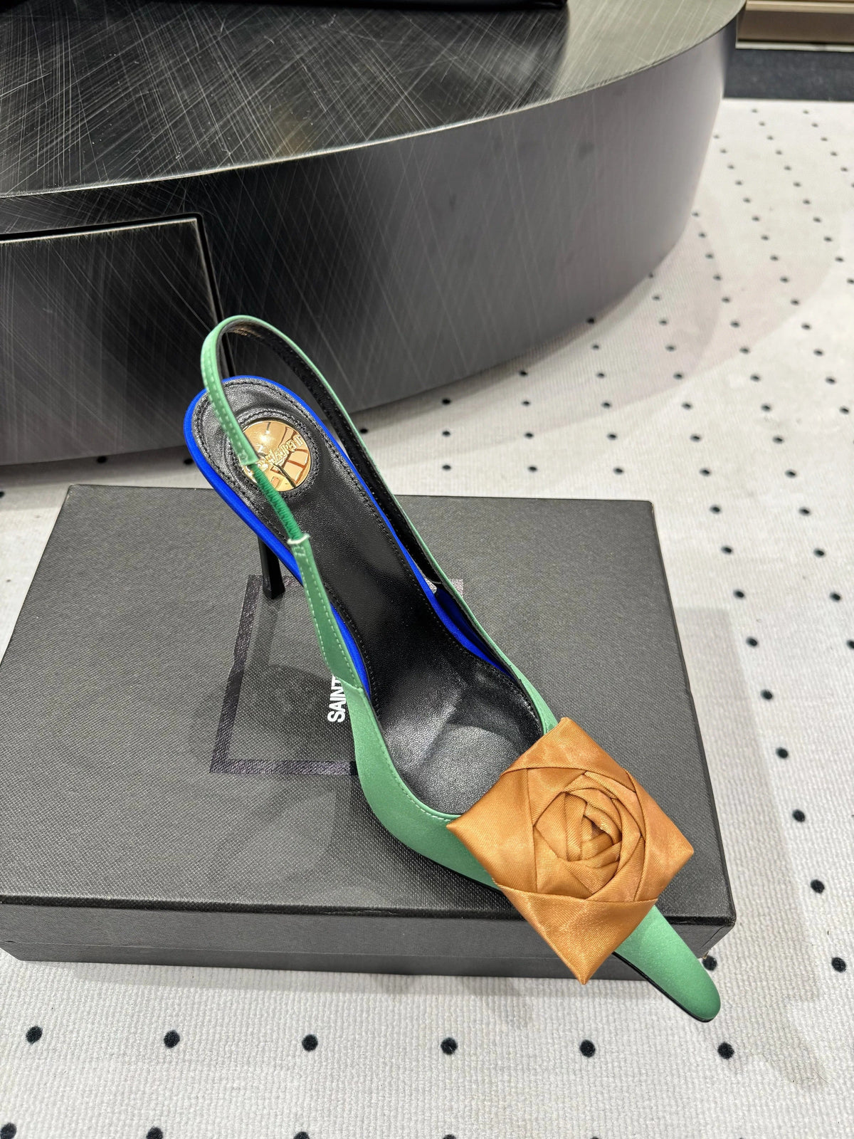YSL 2026 Amalia Slingback Pump Green Blue Black Satin Leather 278511