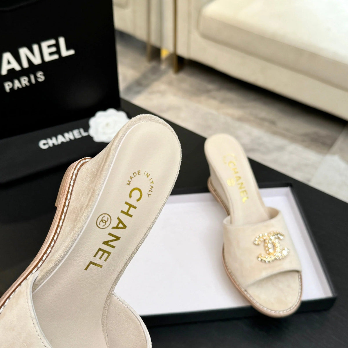 CC 2026 Wedge Sandals 65 Light Beige Suede 667773