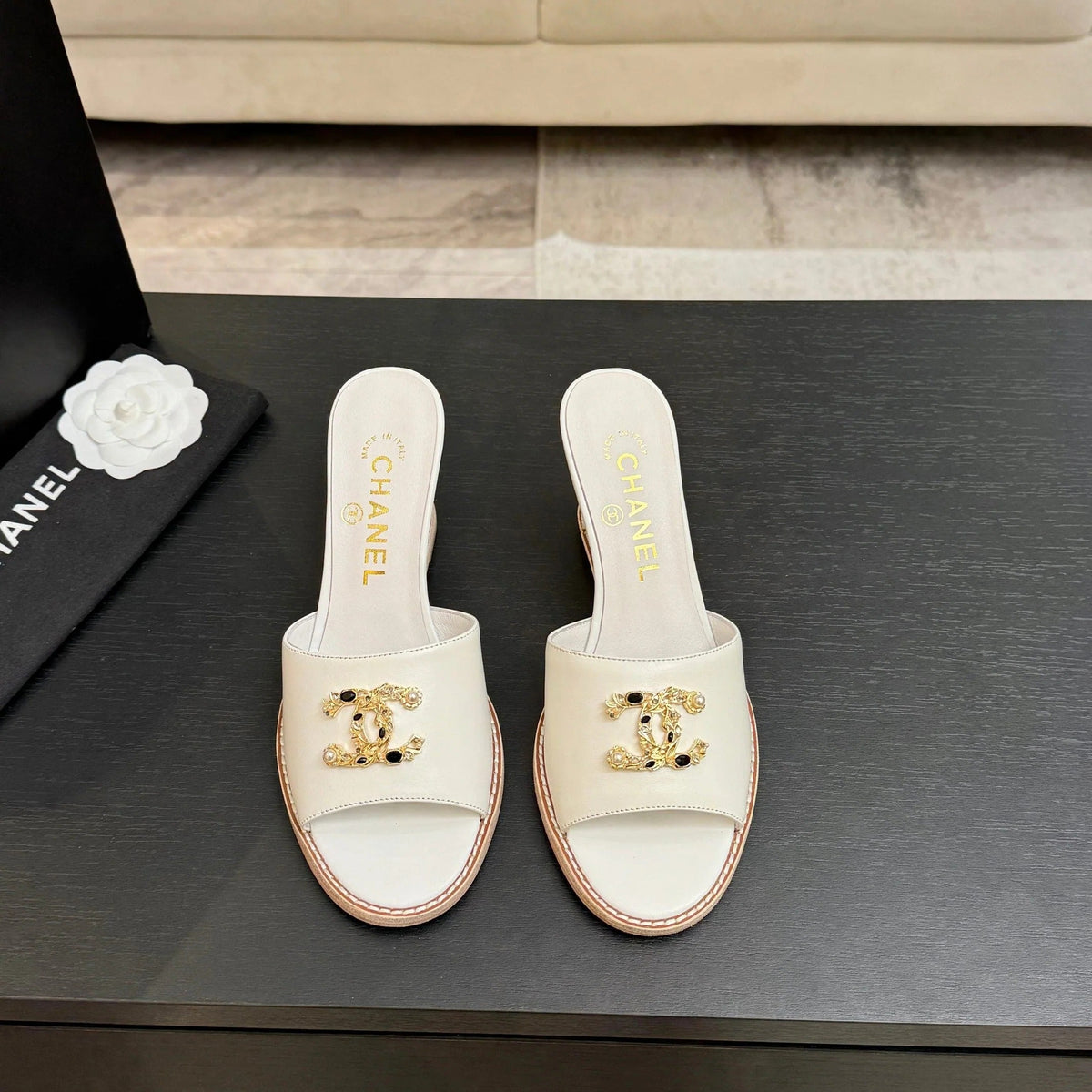 CC 2026 Wedge Sandals 65 Black Lambskin Gold Black Logo 667764