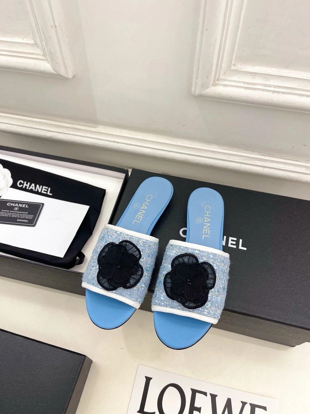 Chanel 2026 Camellia Flat Slippers Leather Sheepskin Tweed 831467