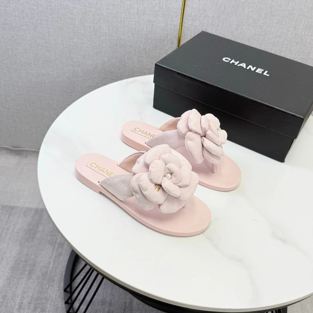 Chanel 2026 Flower Flat Thong Sandals Suede Cowhide 801431