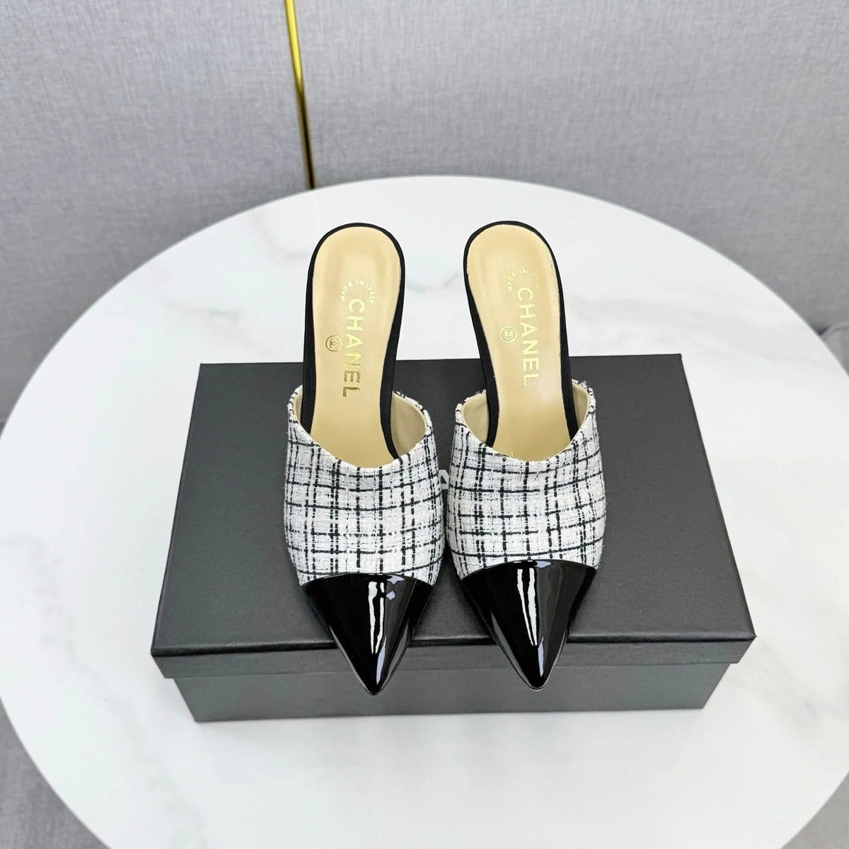 Chanel 2026 Pointy Heeled Mules 85mm Tweed Pearl 801951