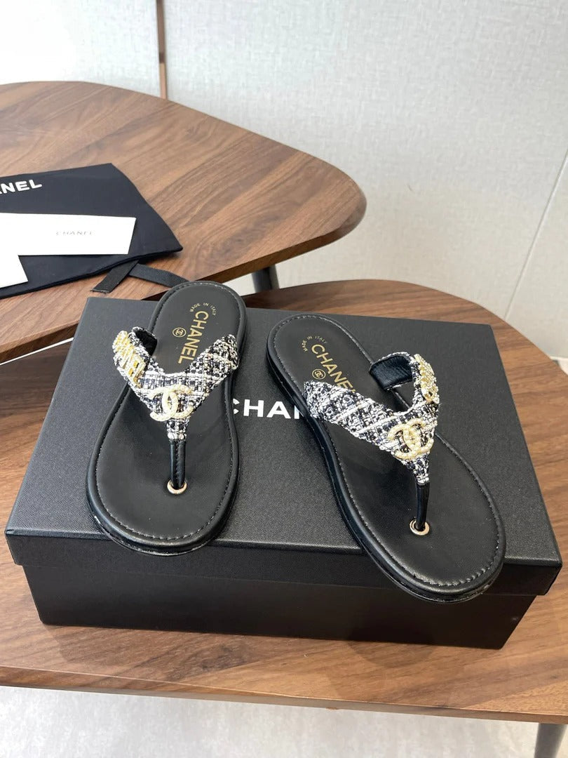 Chanel 2026 Thong Sandal Tweed Gold Logo Details 790366