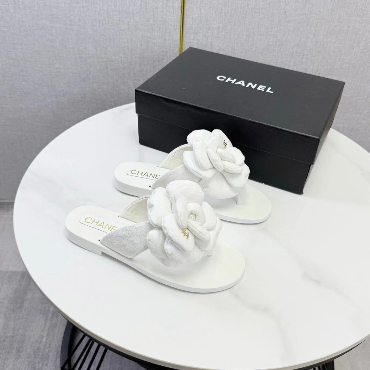 Chanel 2026 Flower Flat Thong Sandals Suede Cowhide 801431