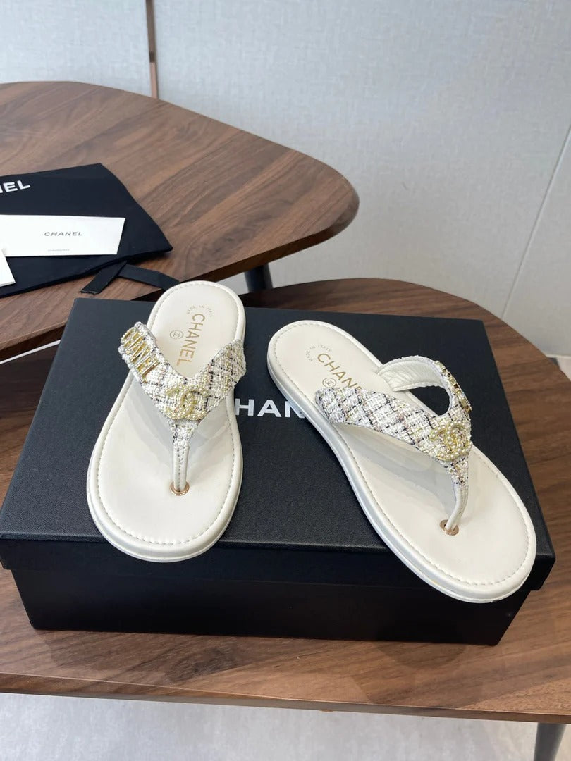 Chanel 2026 Thong Sandal Tweed Gold Logo Details 790366