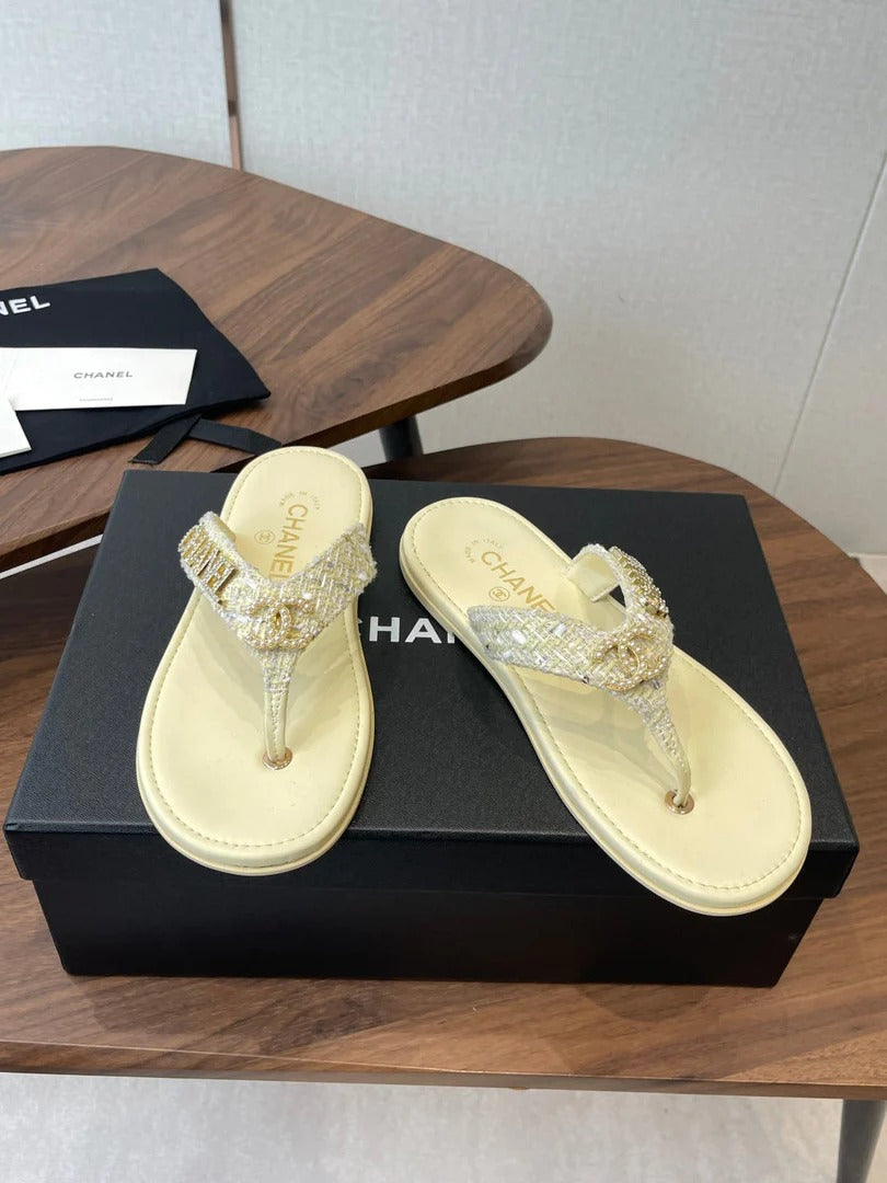 Chanel 2026 Thong Sandal Tweed Gold Logo Details 790366