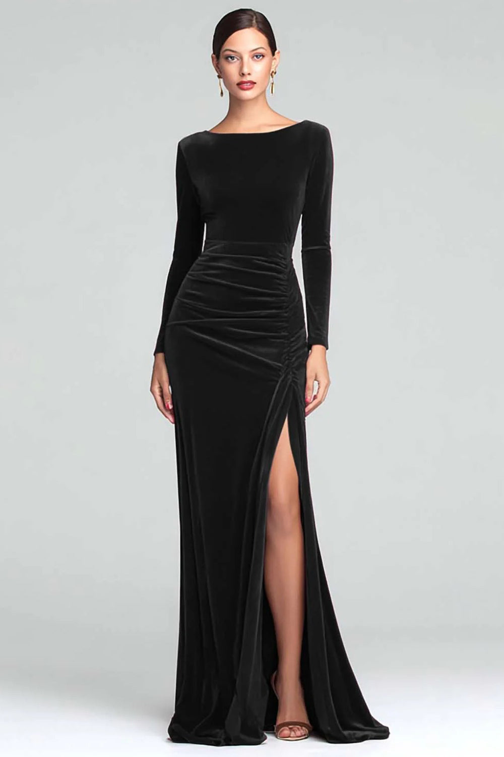 Burgundy Velvet Boat Neck Ruched Long Sleeves Holiday Party Dress