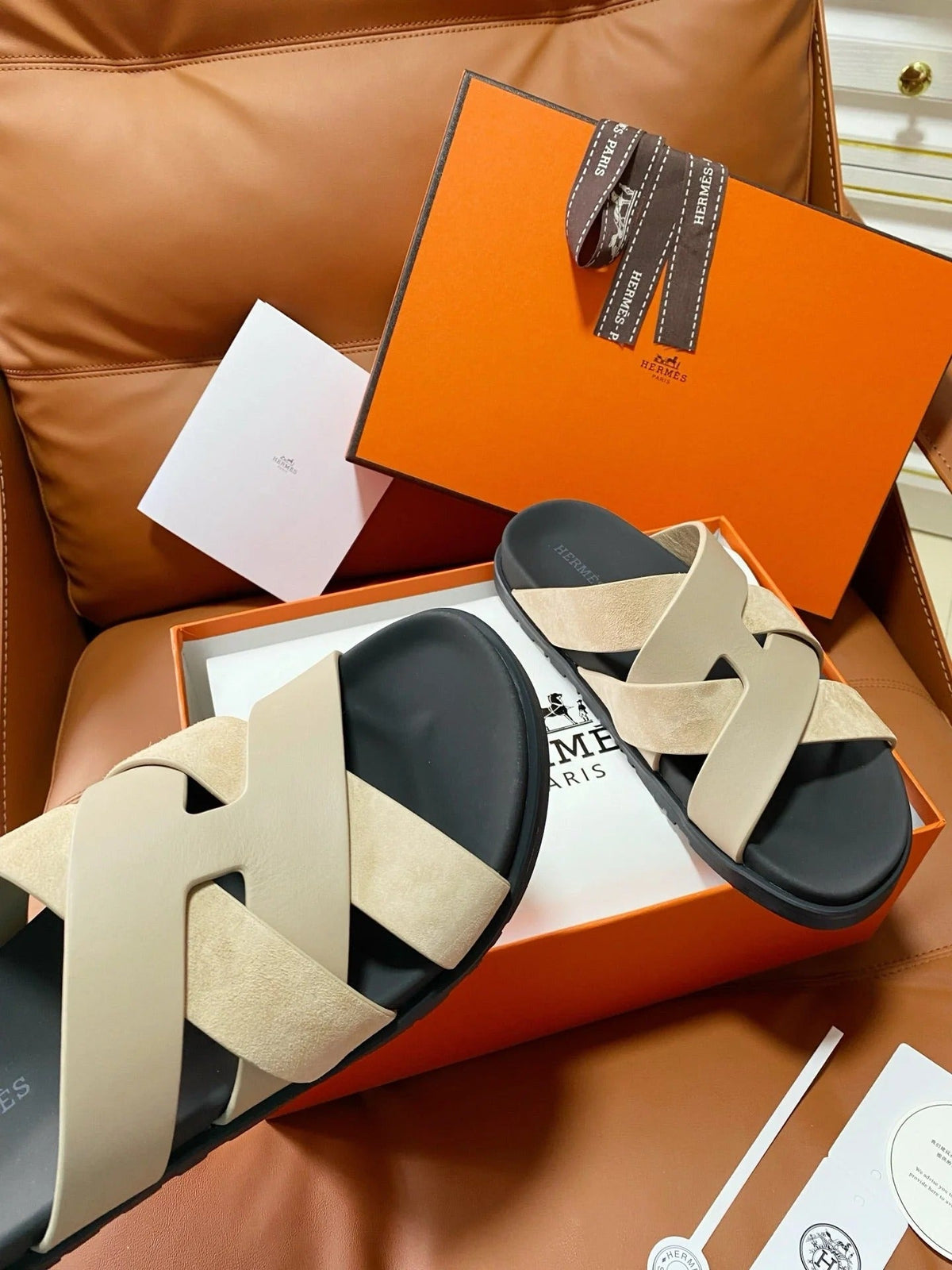 HM 2026 Cross Sandals Black Beige Suede Calfskin 667295