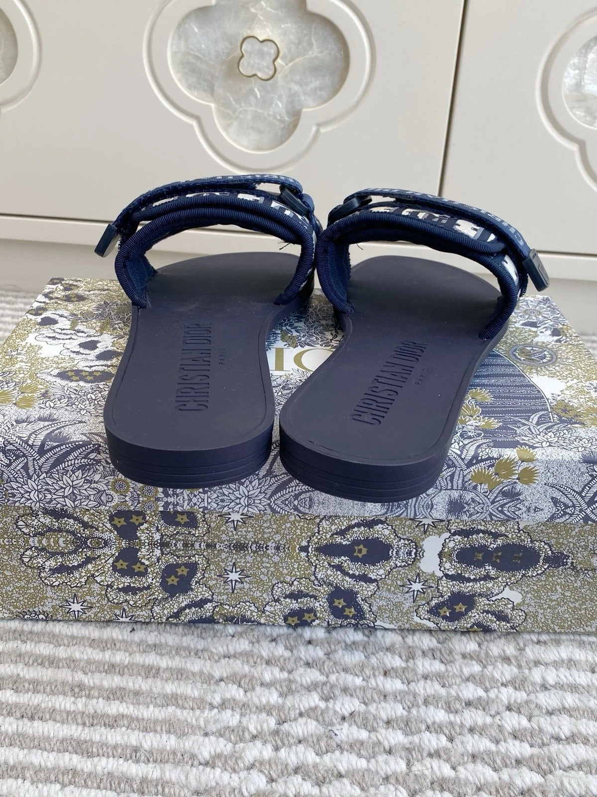 CD 26s Flat Slippers Navy Blue Monogram Canvas Rubber 648133
