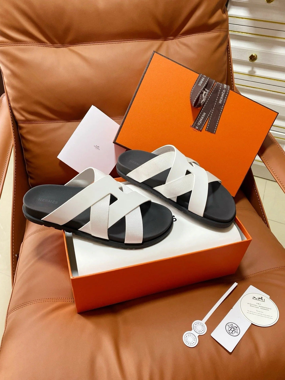 HM 2026 Cross Sandals White Canvas Calfskin 667285