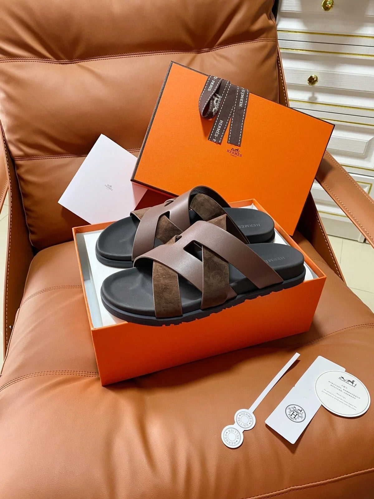 HM 2026 Cross Sandals Black Brown Suede Calfskin 667293