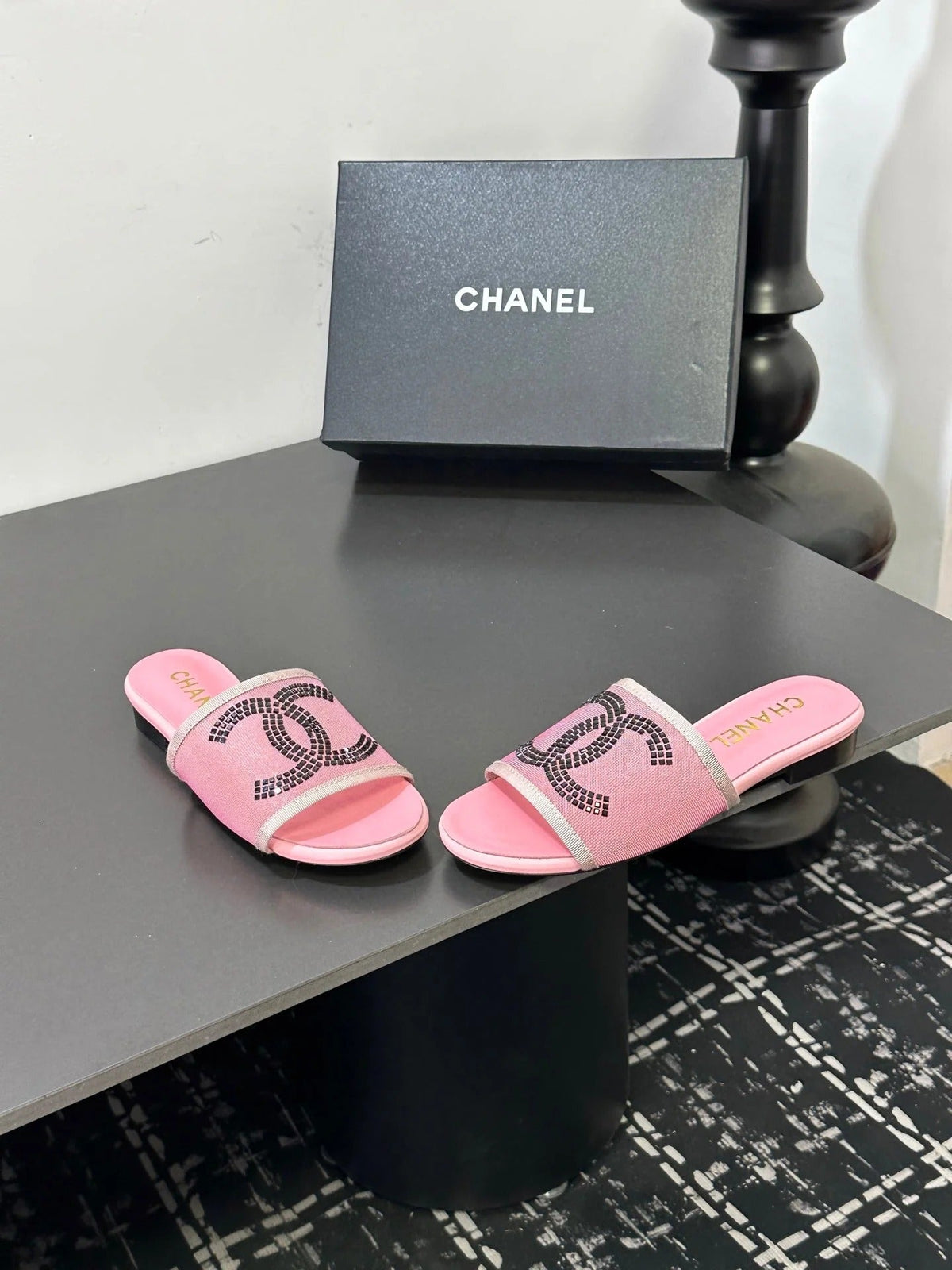 CC 2026 Slippers Pink Black Mesh Sheepskin 668147