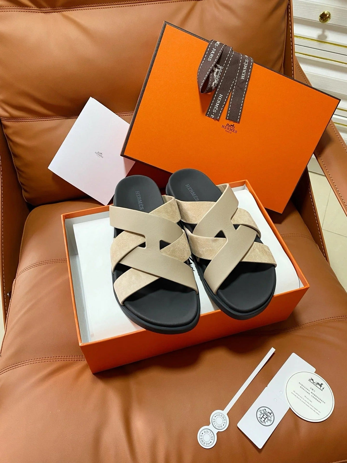 HM 2026 Cross Sandals Black Beige Suede Calfskin 667295