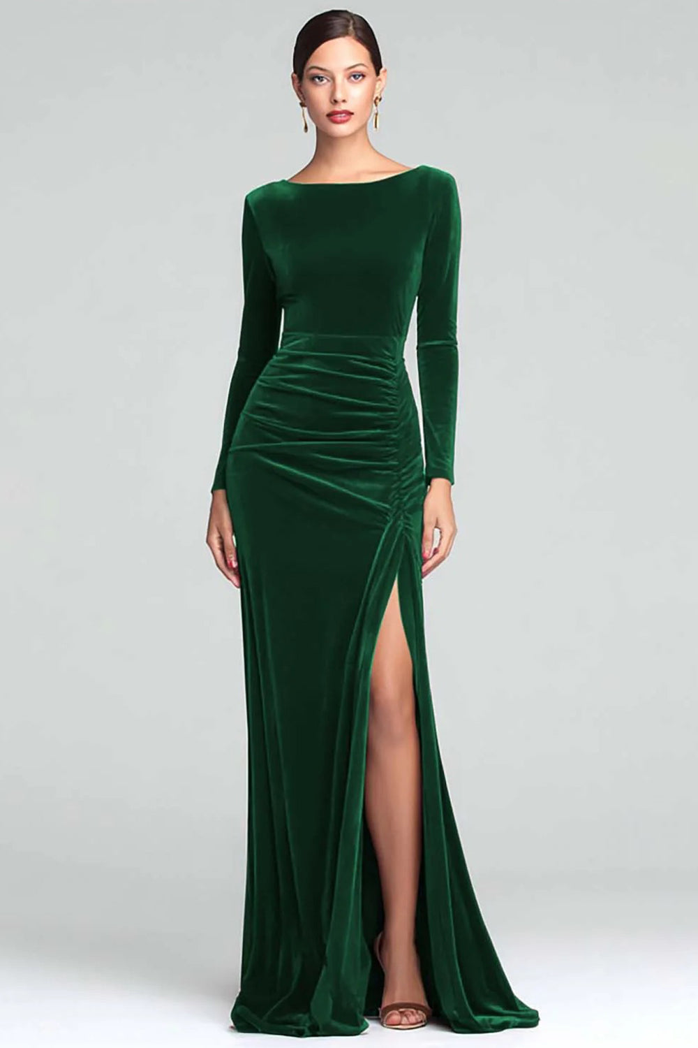 Burgundy Velvet Boat Neck Ruched Long Sleeves Holiday Party Dress