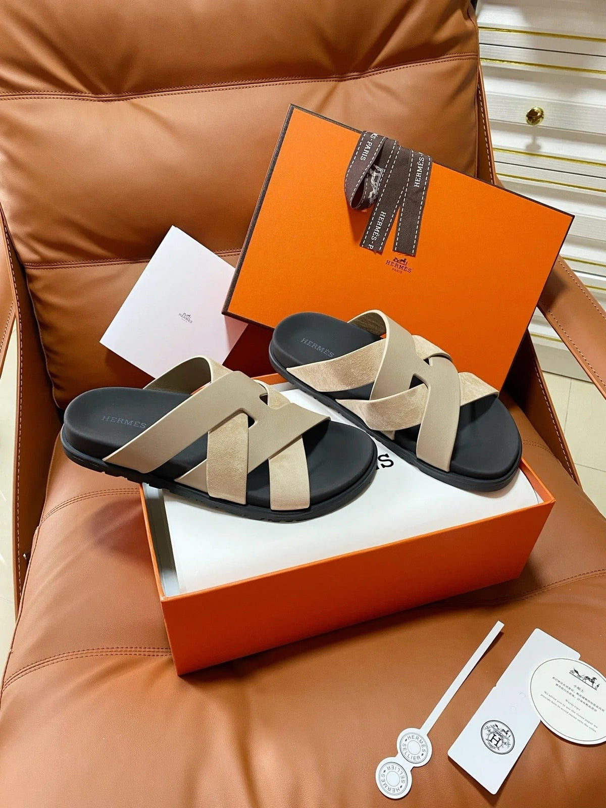 HM 2026 Cross Sandals Black Beige Suede Calfskin 667295