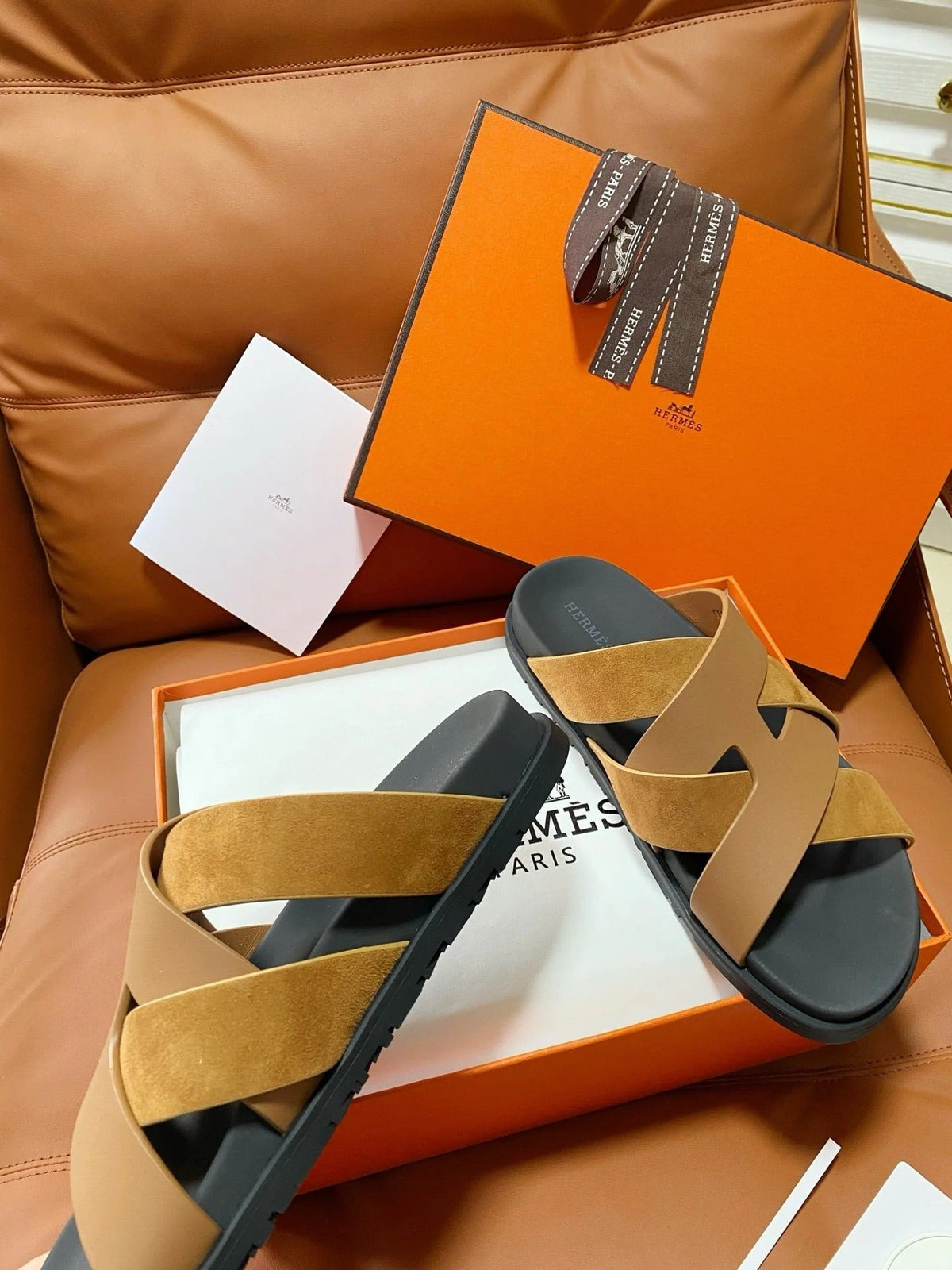 HM 2026 Cross Sandals Tan Suede Calfskin 667291