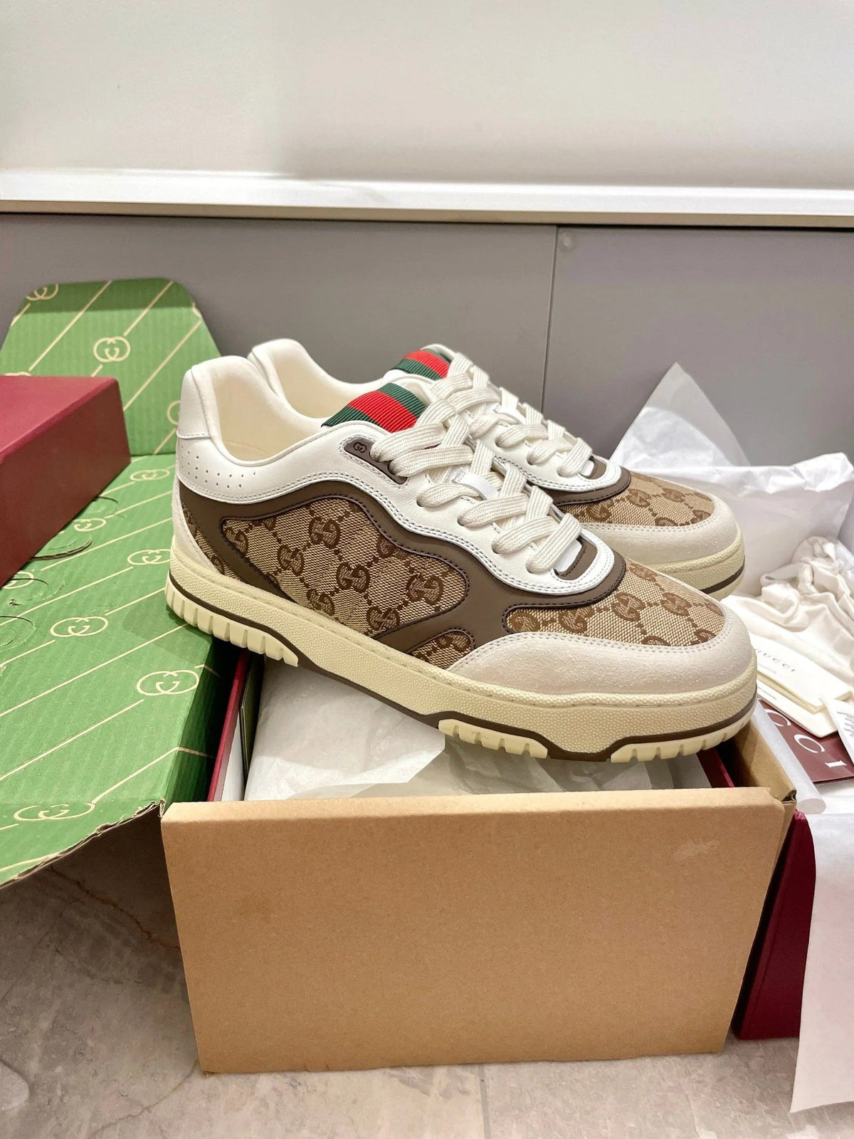 GG 26 Sneaker White Beige Brown Canvas Suede 632876