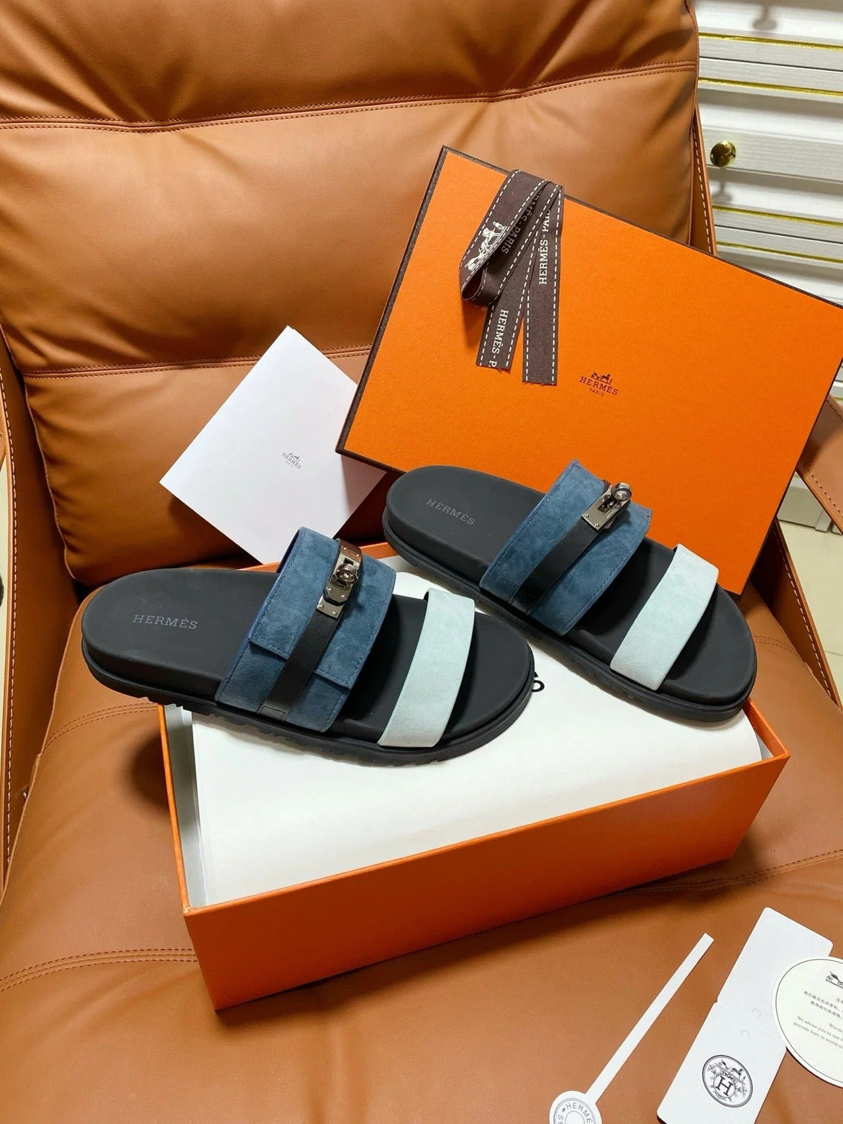 HM 2026 Velcro Sandals Black Blue Suede Cowhide 663787