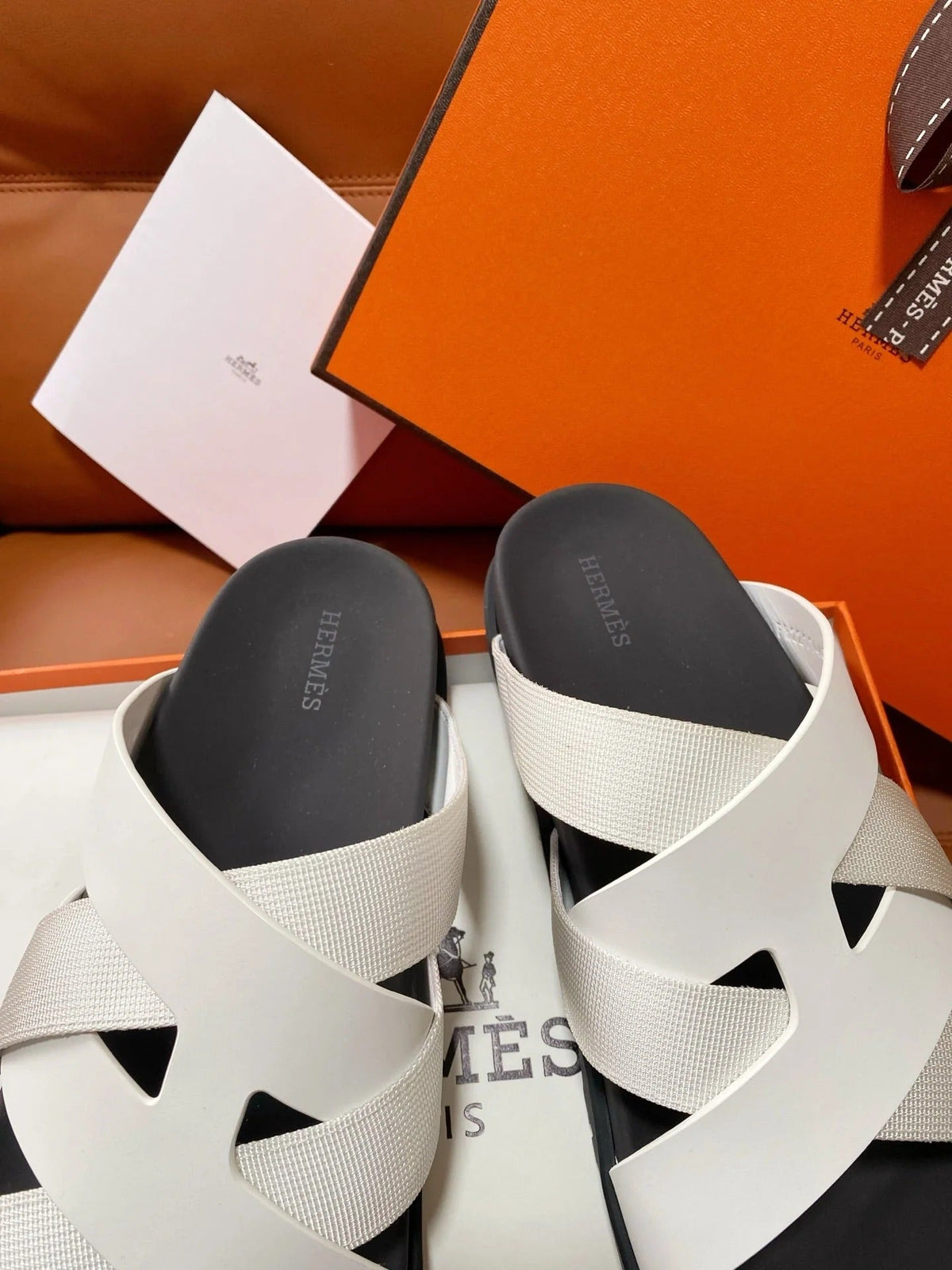 HM 2026 Cross Sandals White Canvas Calfskin 667285