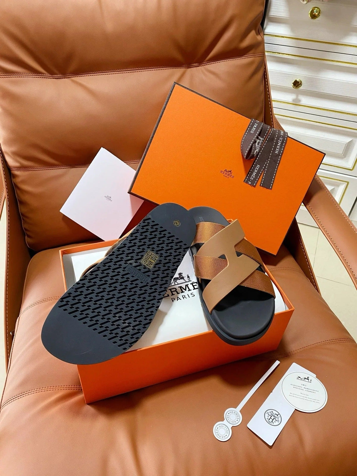 HM 2026 Cross Sandals Black Camel Brown Canvas Calfskin 667289