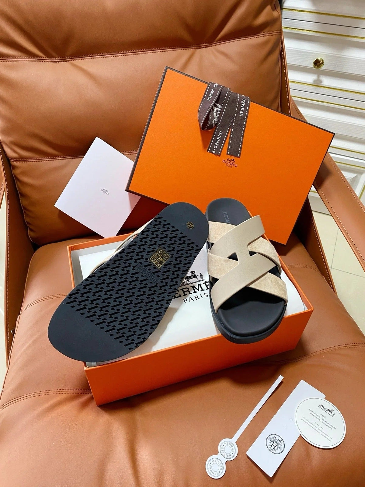 HM 2026 Cross Sandals Black Beige Suede Calfskin 667295