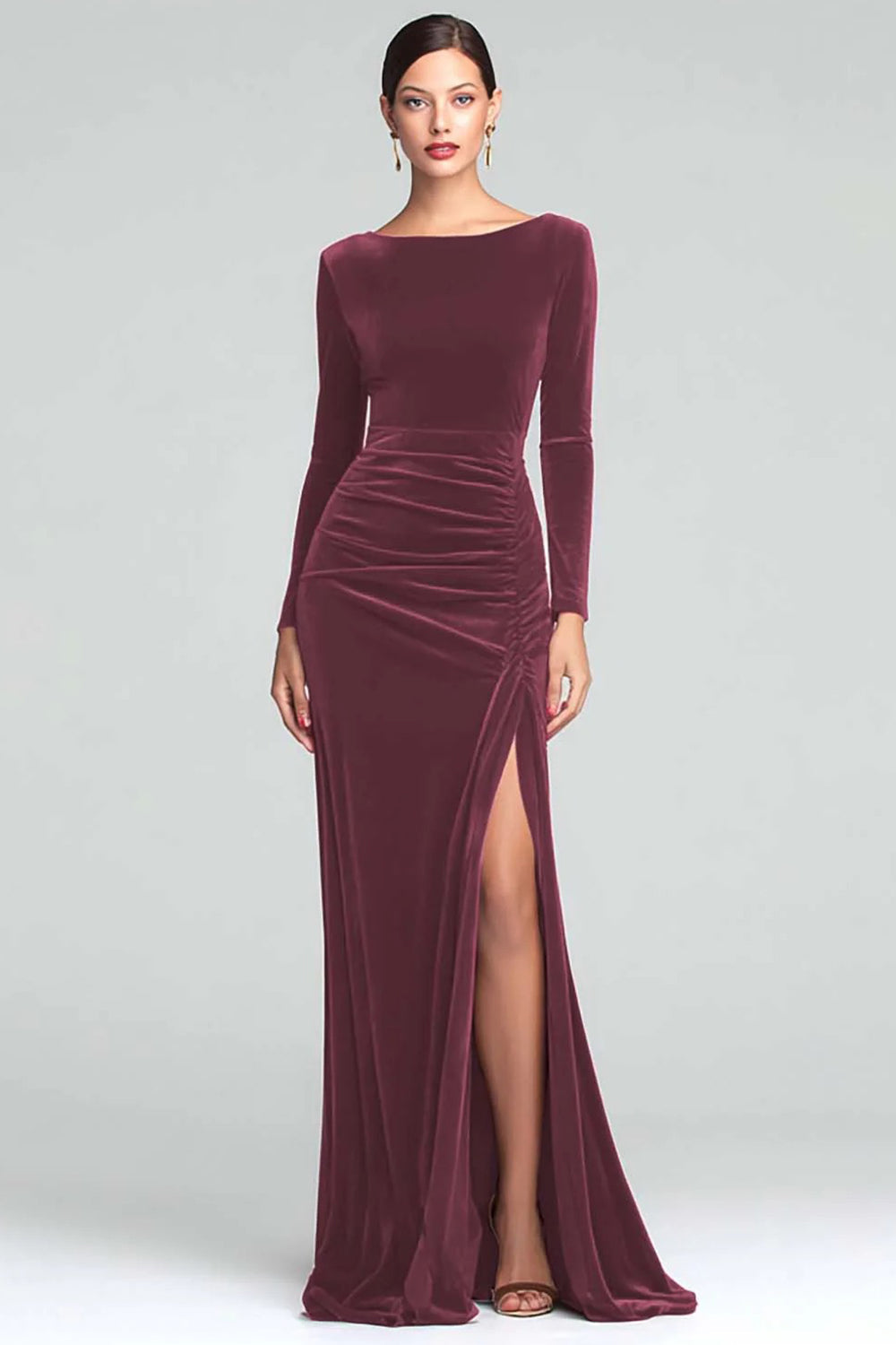 Burgundy Velvet Boat Neck Ruched Long Sleeves Holiday Party Dress