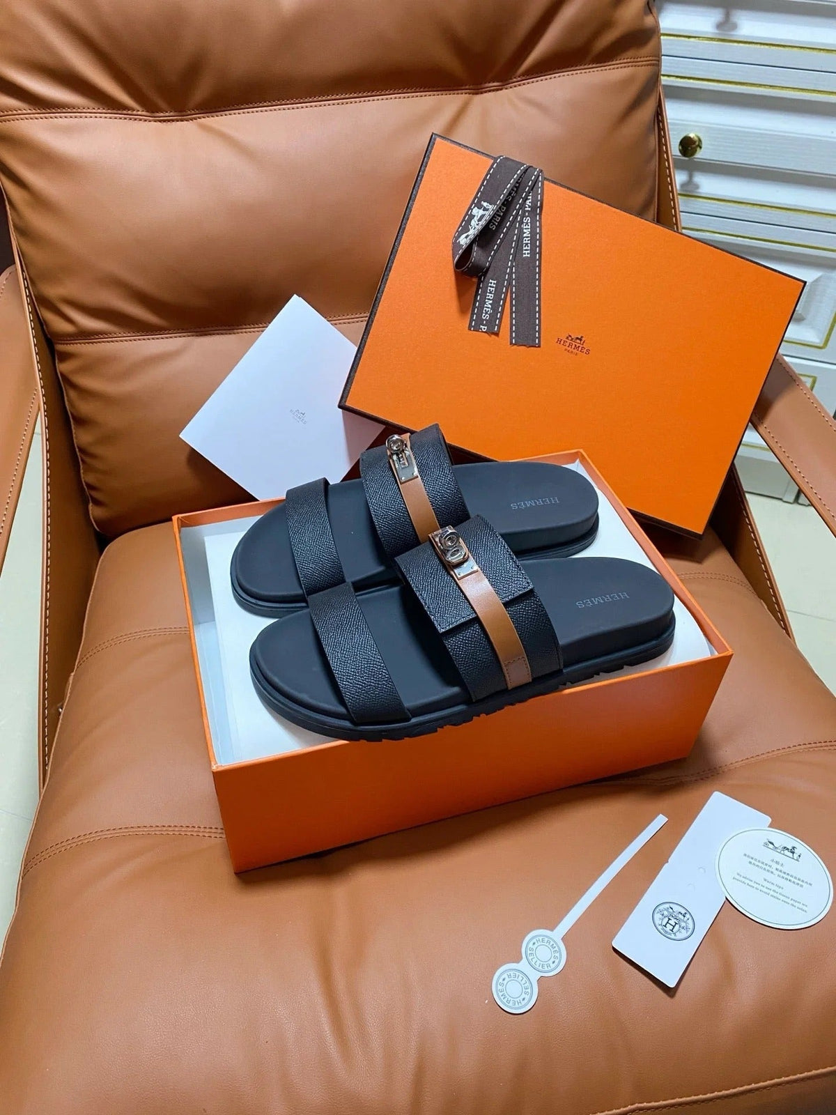 HM 2026 Velcro Sandals Black Cowhide Brown Belt 663785