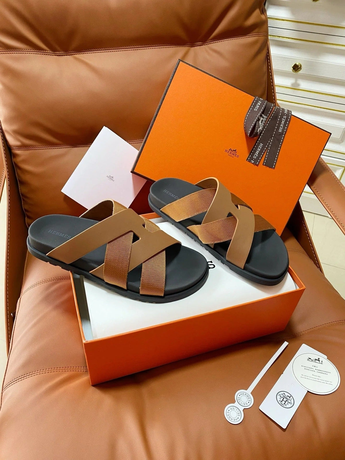 HM 2026 Cross Sandals Black Camel Brown Canvas Calfskin 667289