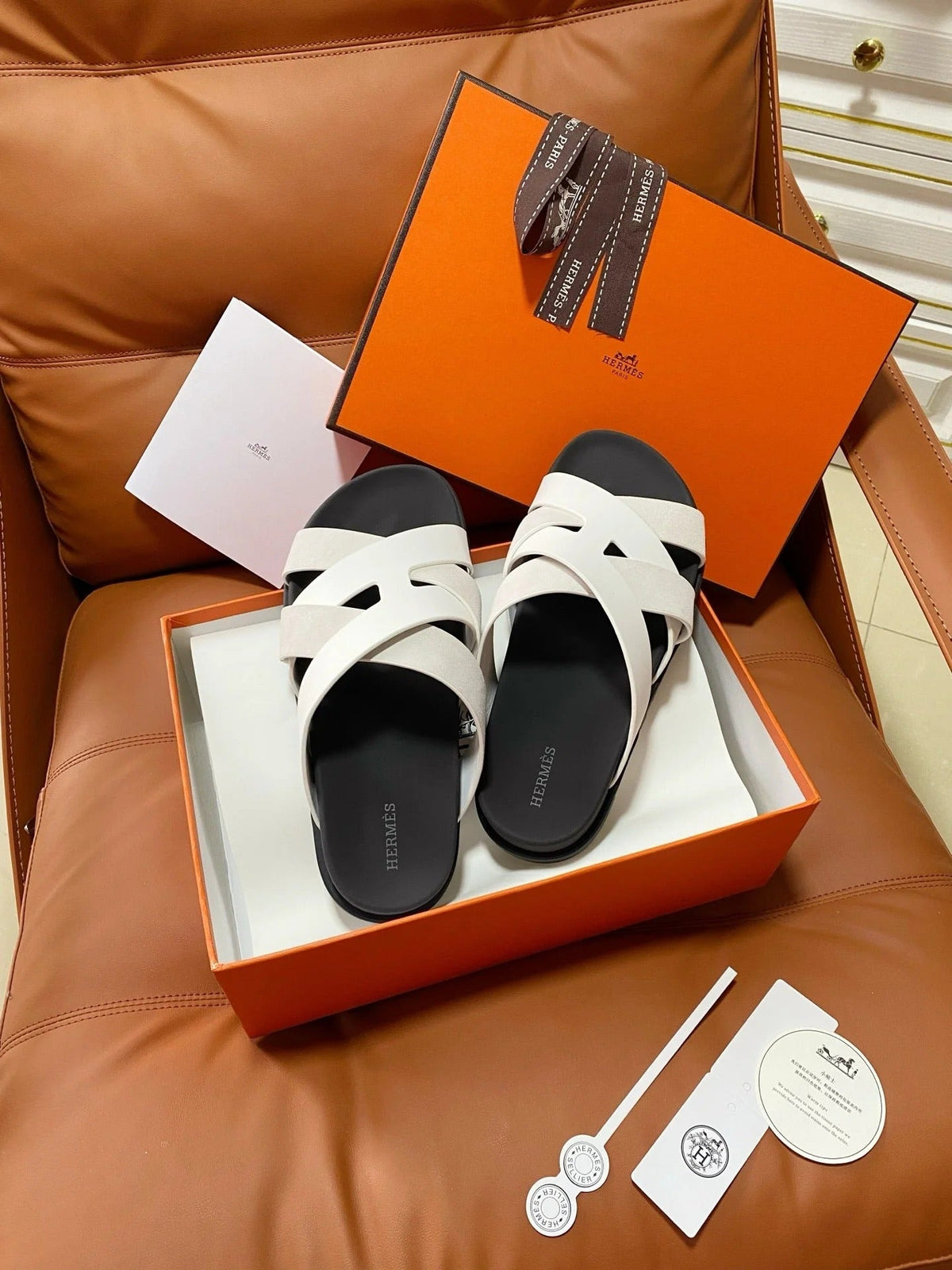 HM 2026 Cross Sandals Black White Suede Calfskin 667294
