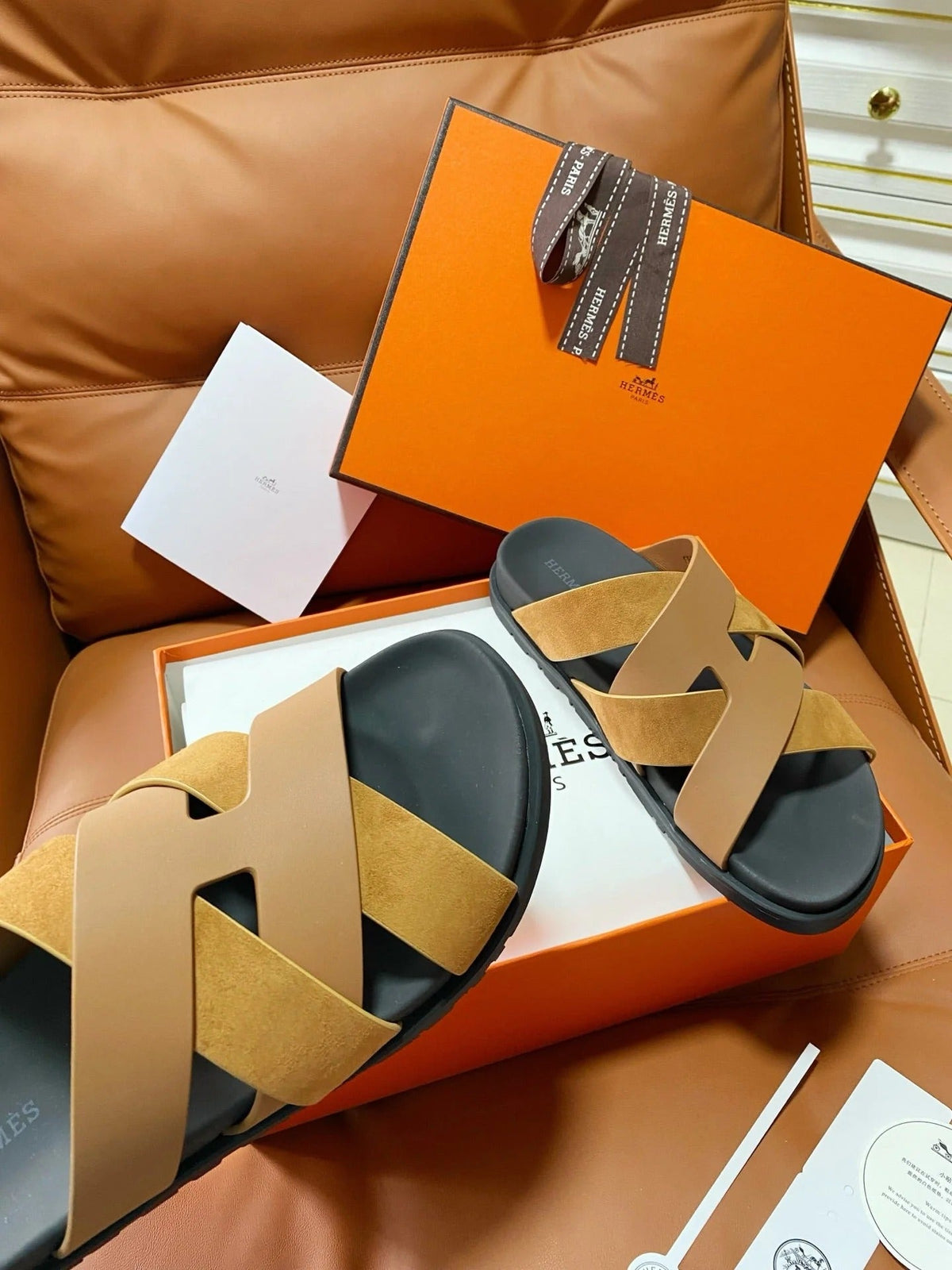 HM 2026 Cross Sandals Tan Suede Calfskin 667291