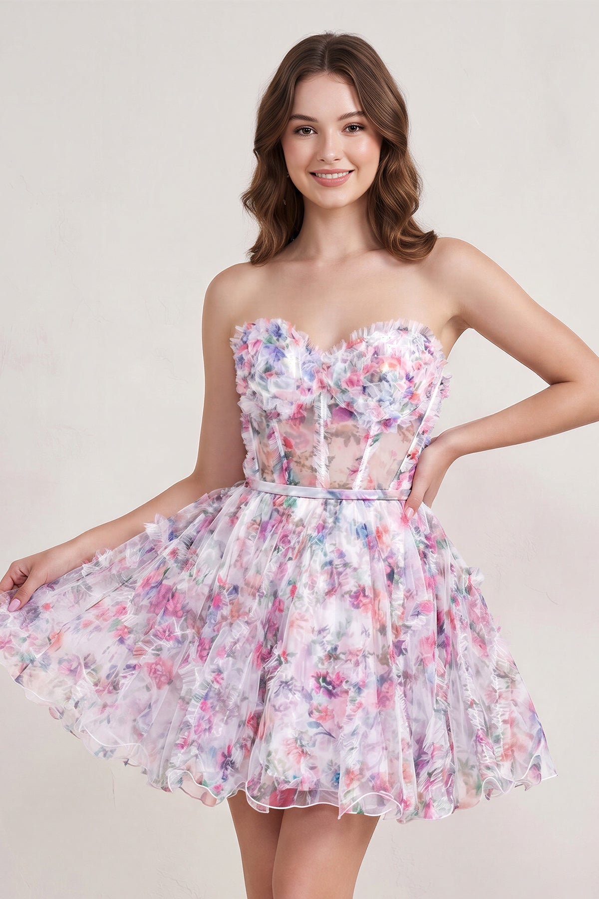 A Line Sweetheart Floral Homecoming Dress