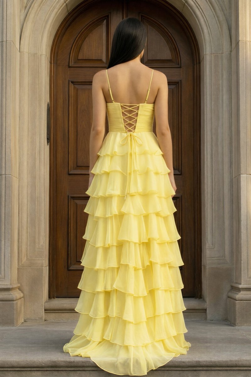 A Line Spaghetti Straps Yellow Long Prom Dress with Ruffles