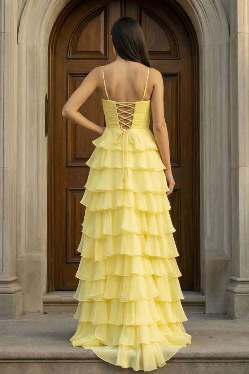 A Line Spaghetti Straps Yellow Long Prom Dress with Ruffles