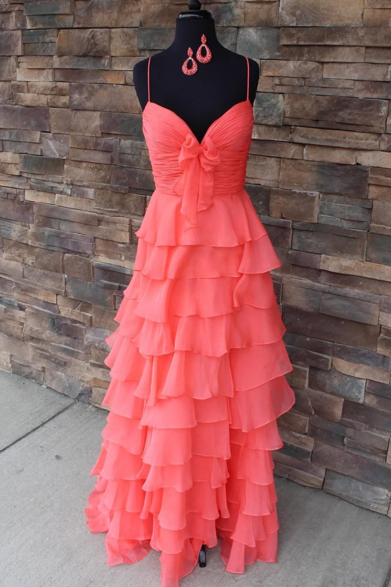 A Line Spaghetti Straps Yellow Long Prom Dress with Ruffles