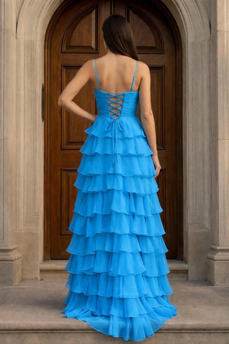 A Line Spaghetti Straps Yellow Long Prom Dress with Ruffles