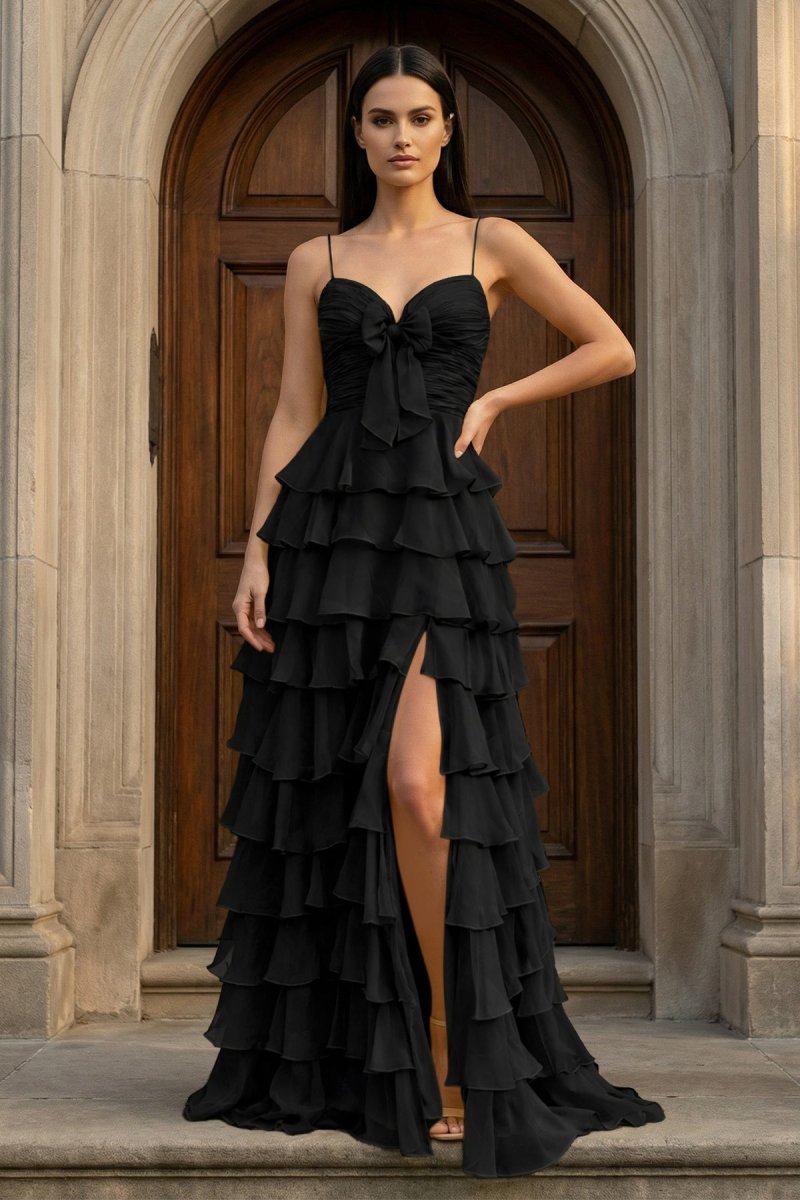 A Line Spaghetti Straps Yellow Long Prom Dress with Ruffles