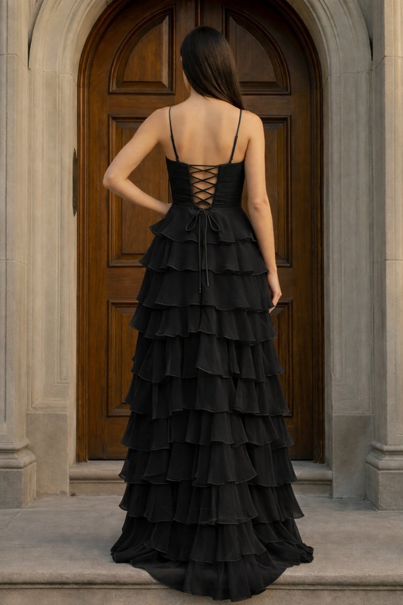 A Line Spaghetti Straps Yellow Long Prom Dress with Ruffles