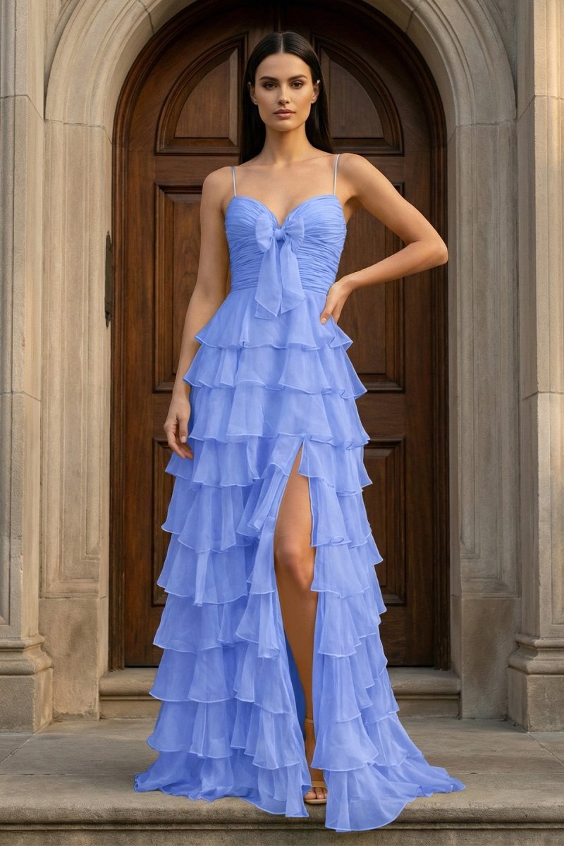A Line Spaghetti Straps Yellow Long Prom Dress with Ruffles