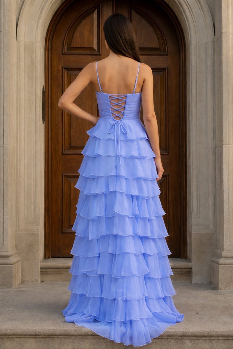 A Line Spaghetti Straps Yellow Long Prom Dress with Ruffles