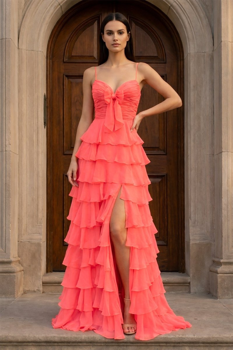 A Line Spaghetti Straps Yellow Long Prom Dress with Ruffles