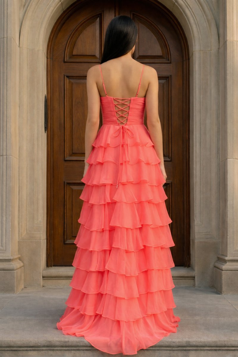 A Line Spaghetti Straps Yellow Long Prom Dress with Ruffles