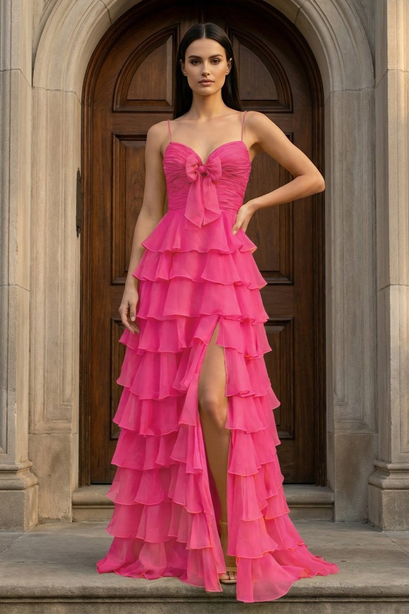 A Line Spaghetti Straps Yellow Long Prom Dress with Ruffles