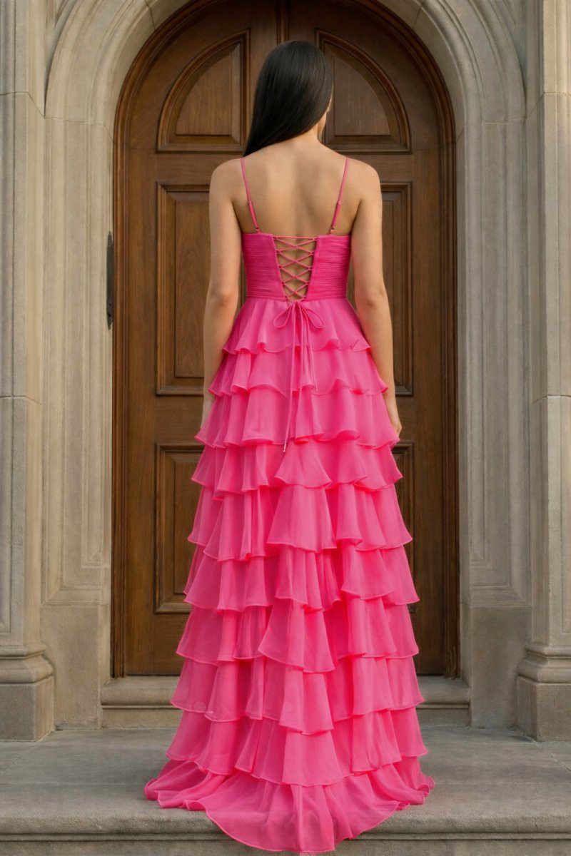 A Line Spaghetti Straps Yellow Long Prom Dress with Ruffles