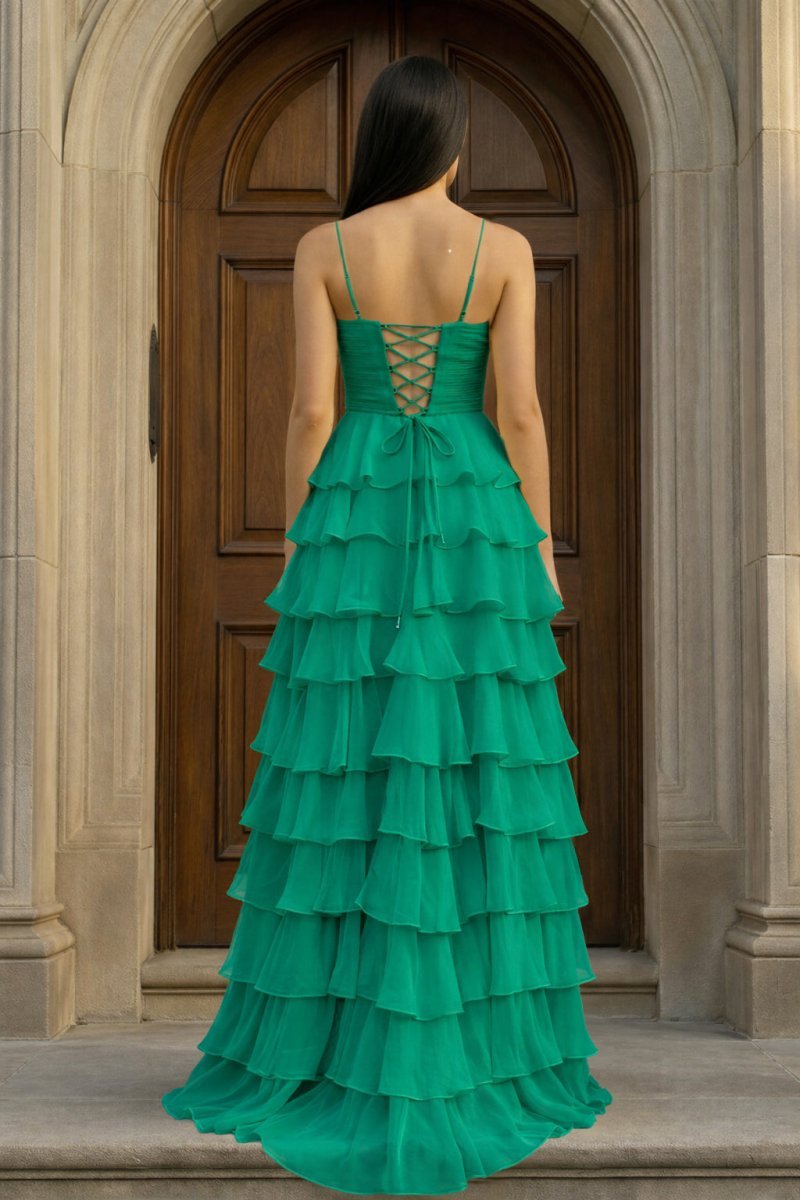 A Line Spaghetti Straps Yellow Long Prom Dress with Ruffles