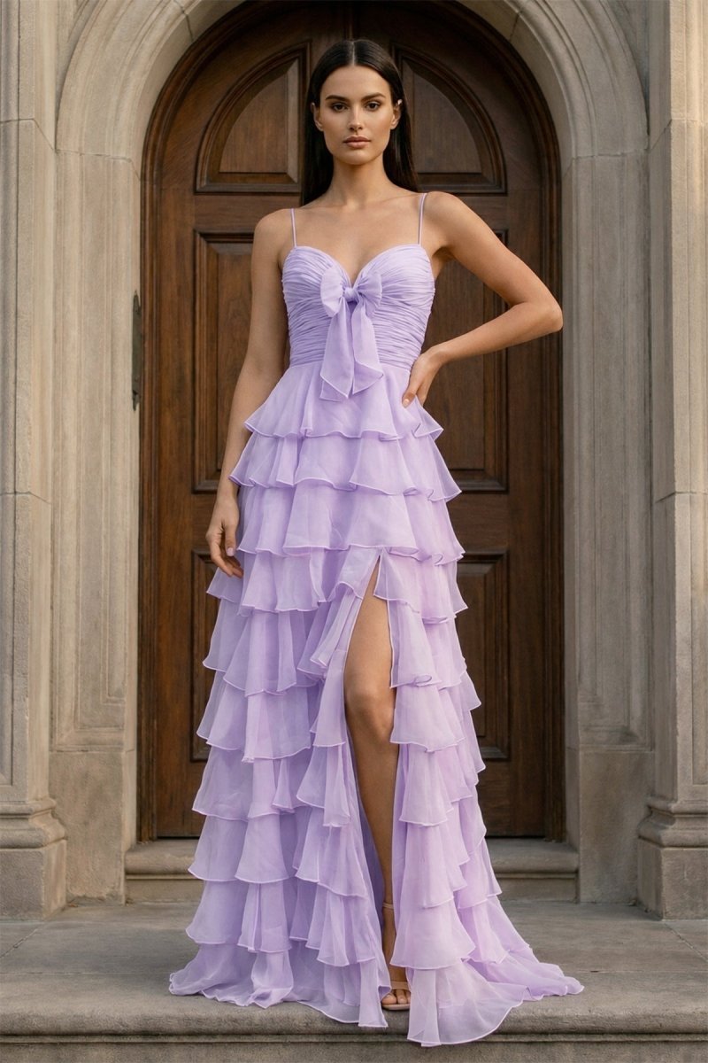 A Line Spaghetti Straps Yellow Long Prom Dress with Ruffles